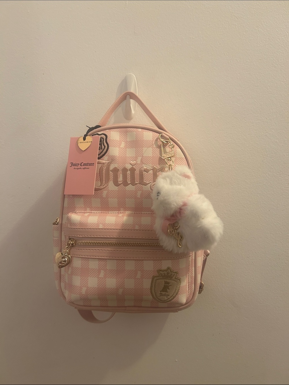 Juicy Couture Pink Gingham Mini Backpack with Fluffy Pom Charm